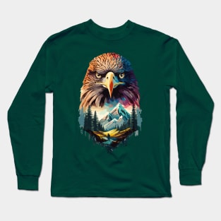 Double Exposure Eagle And Mountain Landscape Design Long Sleeve T-Shirt